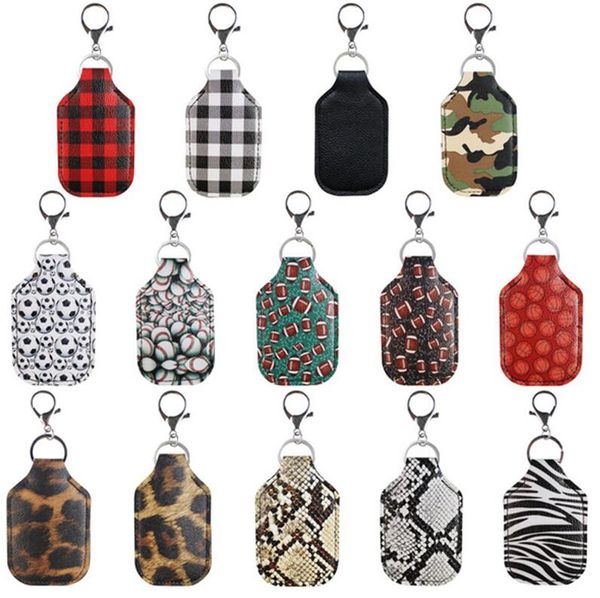 

pu leather hand sanitizer holder bottle case covers keychain key rings key chain bag pendant with plaid leopard snake skin ball game e121003, Blue