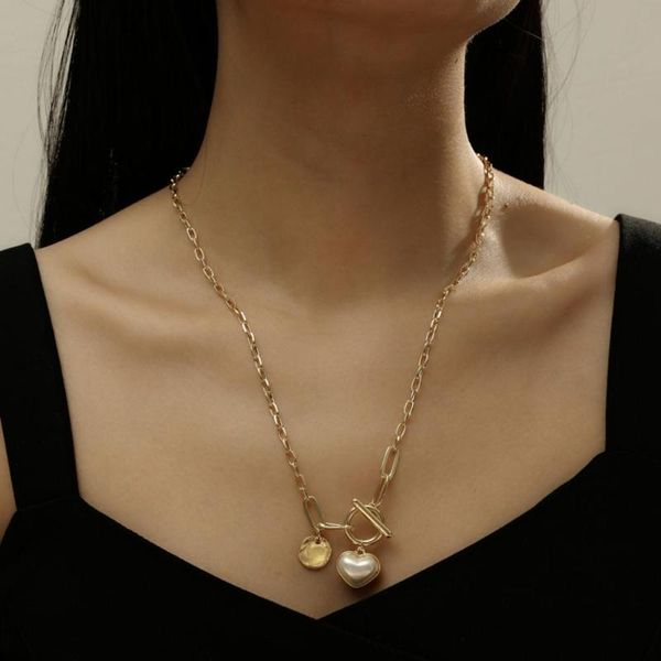 

chokers multi layer imitation pearl choker necklace collar circular letter ring buckle love heart pendant jewelry for women, Golden;silver