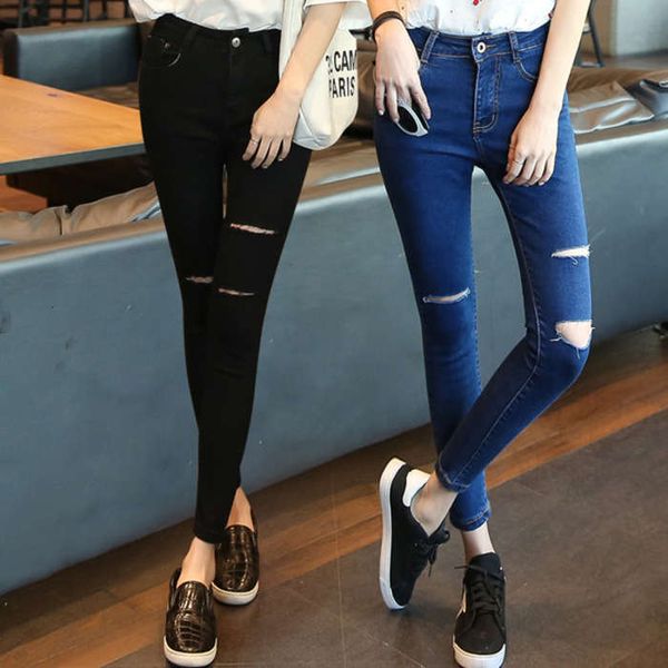 

new korean version slim lifting arm show thin hole jeans women high waist capris small feet pencil pants fashion, Blue