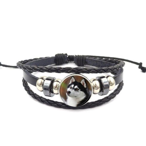 

charm bracelets ej glaze siberian husky dog for women wedding vintage cabochon colorful collar black leather bracelet bangle, Golden;silver