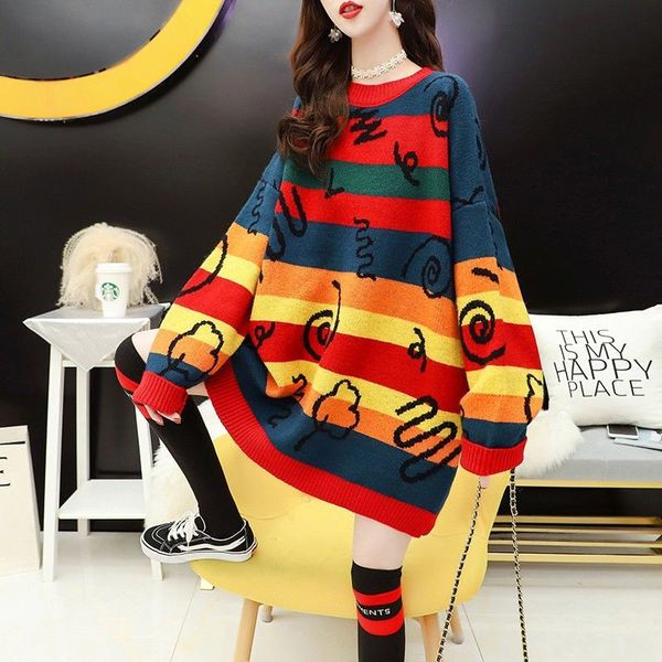 

2021 new slowly fashion sweaters for woman mid-fall female nightgown off winter wear wild striped sweater 1ju4, White;black
