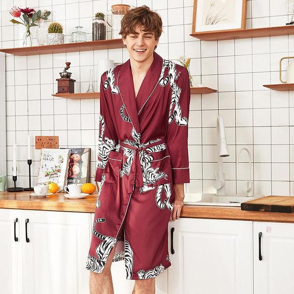 

men's sleepwear tiger print silk robe men kimono summer satin bathrobe male sleep dressing gown autumn nightgown dark green pajamas kne, Black;brown