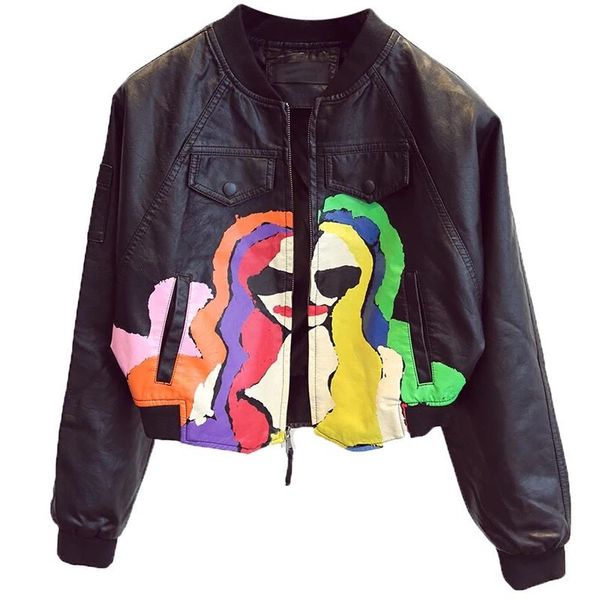 

2021 new women faux short coats autumn print leather jacket black lady outwear e83s