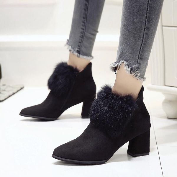 

high heel winter shoes women winter boots fashion women's high heel boots plush warm fur shoes ladies brand ankle botas, Black