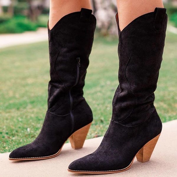 

boots women mid-calf fashion slip on zipper women's classic pointed toe chunky heel western casual females shoes, Black