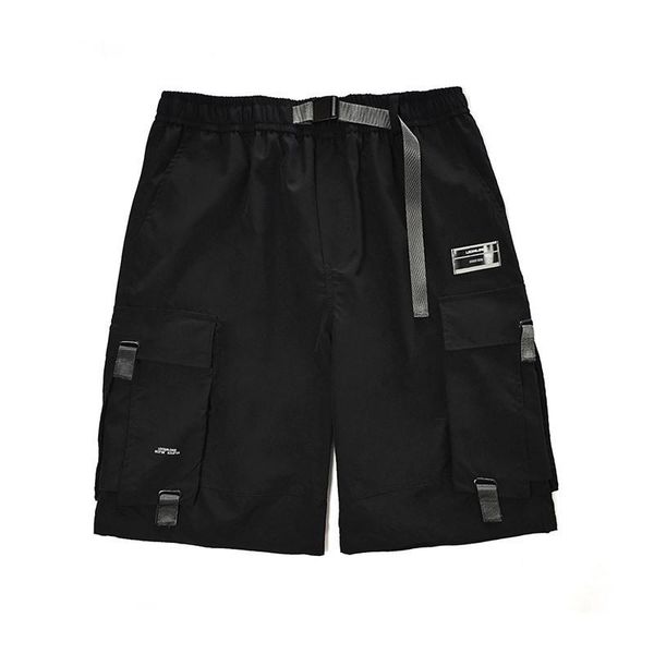 

men's shorts techwear baggy pockets cargo men ribbons fashion streetwear hip hop knee length summer workout casual male short pants, White;black