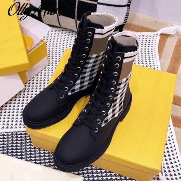 

ollymurs new black gingham boots spring autumn brand design round toe leather women shoes vintage fashion female boots