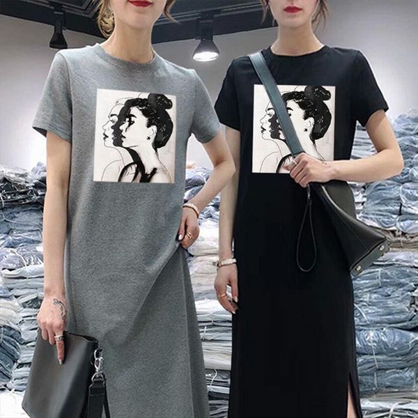 

summer women daisy dress short sleeve casual bottoming print midi black tshirt dresses o neck woman korean clothes vestidos 2020, Black;gray