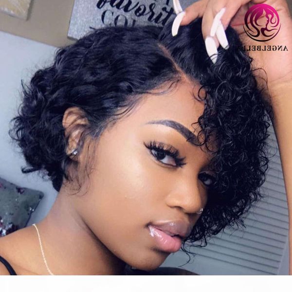 

angelbella 8 inch short wigs 100% human long parting remy hair nc# 13x6x1 hairline lace curly wig for black women, Black;brown