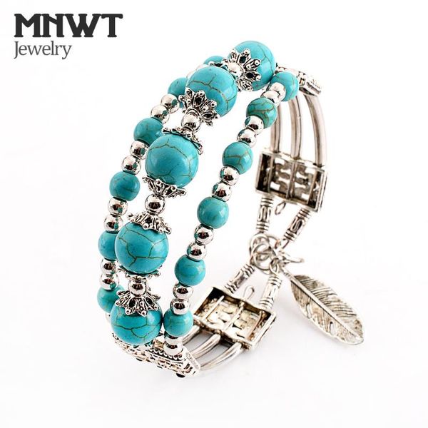 

mnwt boho vintage turquoises bracelets for women leaf pendant charm blue howlite bead strand bracelet bangle fashion jewelry, Golden;silver
