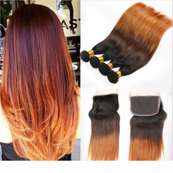 

virgin malaysian #1b 4 30 ombre hair with lace closure dark roots 3bundles with closure 4pcs lot silky straight three tone with closure, Black