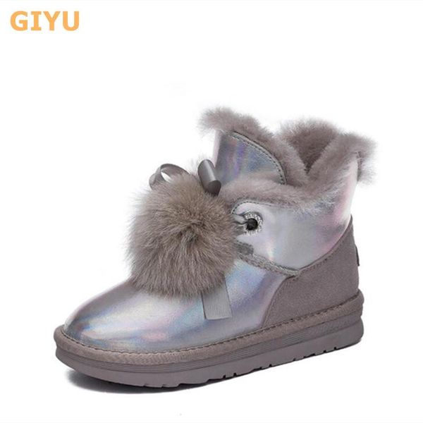 

women's genuine leather snow boots 2020 winter new wool ankle boots girls sweet non-slip flat cotton shoes female short, Black