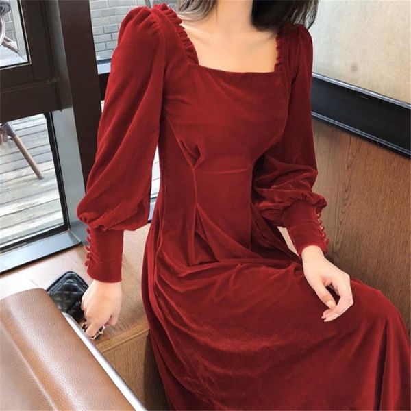 

fashion retro velvet dress female korean style new square collar red christmas maxi long dresses, Black;gray