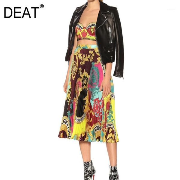 

deat] 2020 autumn women's fashion trend new pattern tube camisole printed high waist pleated skirt two-piece suit ai5711, White