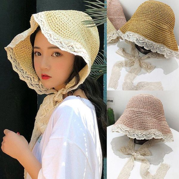 

women woven straw sun hat wide brim uv protection lace ribbon packable beach cap 28gd, Blue;gray