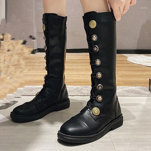 

popular metal medal elastic band riding boots women shoes square toe chunky heels motorcycle boots zipper knee-high botas 20201, Black