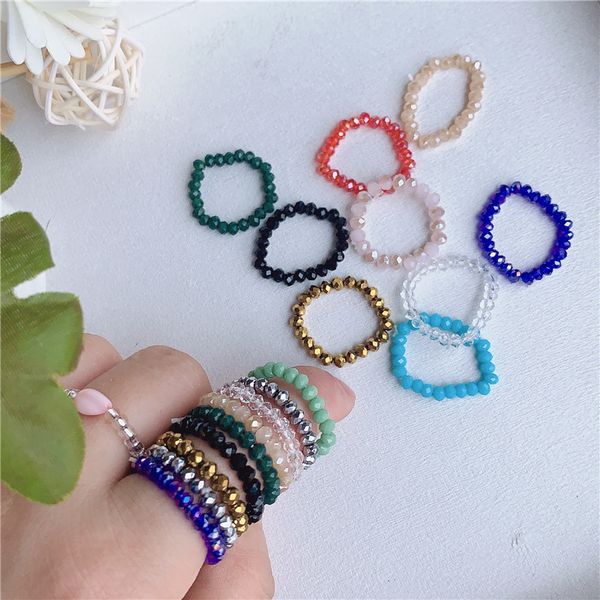 

korea light luxury fashion glass crystal beaded ring for women's individuality elastic rings cool style, Golden;silver