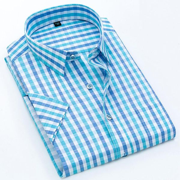 

men's casual shirts large size men summer short-sleeved classic plaid brand shirt chest patch pocket single-breasted square collar cami, White;black