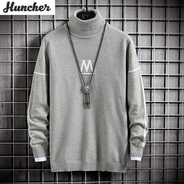 

men's sweaters huncher mens knitted sweater men 2021 winter plain vintage jumper slim fit pullover korean style fashion grey for, White;black