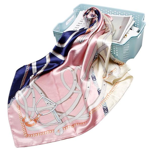 

2020 fashion luxury square scarf women italian style belt print big shawl hijab wraps polyester satin headband kerchief 90x90cm, Blue;gray
