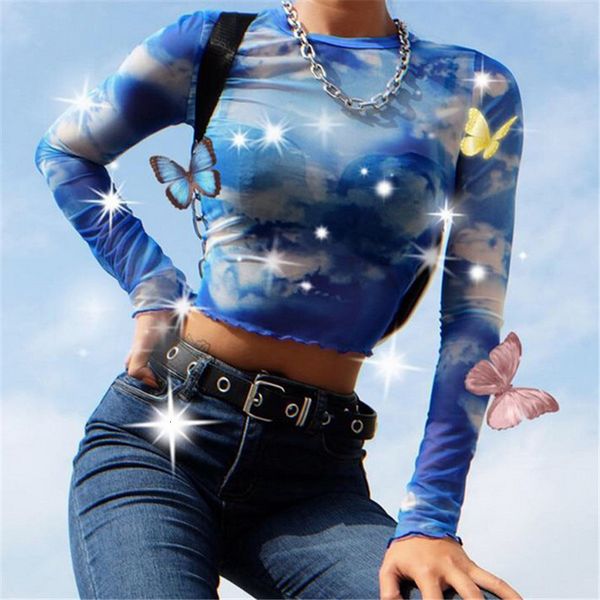 

women's casual long sleeve o-neck short female transparent mesh sheer t-shirts blue printed ruffles' cuffs shirts, White