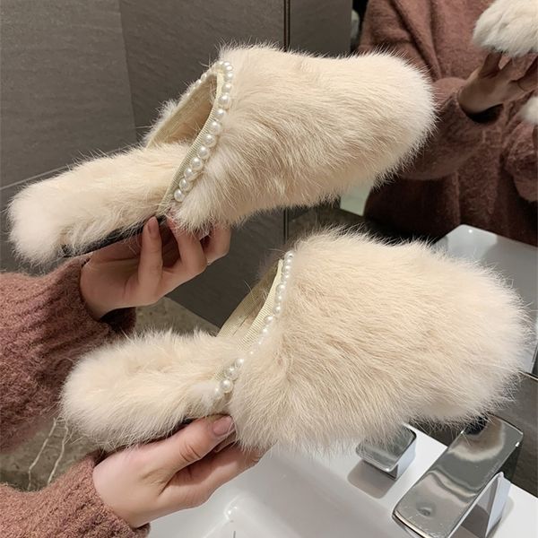 

women fur slippers slip on mules winter home plush slippers rabbit fur women indoor shoes zapatos de mujer pearl dec real fur y201026, Black