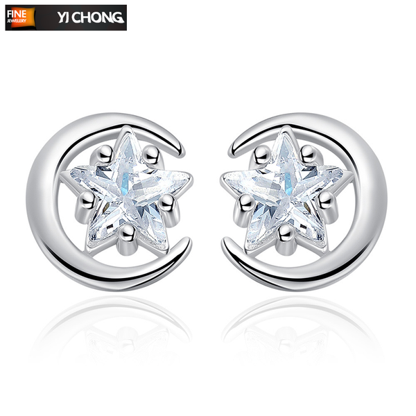 

stud elegant cute moon star zirconia earrings for women female fashion small austria crystal oorbellen jewelry gift, Golden;silver