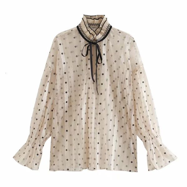 

2021 new polka dot semi-sheer lace vintage high collar long sleeves fashion contrast bow tied belt female blouses qq18, White