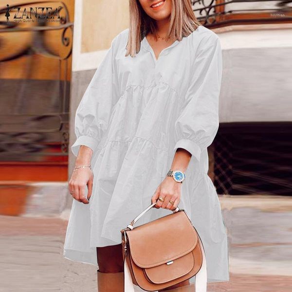 

2020 autumn solid bohemian dress women v neck short sundress zanzea vintage long puff sleeve party vestido female robe1, Black;gray