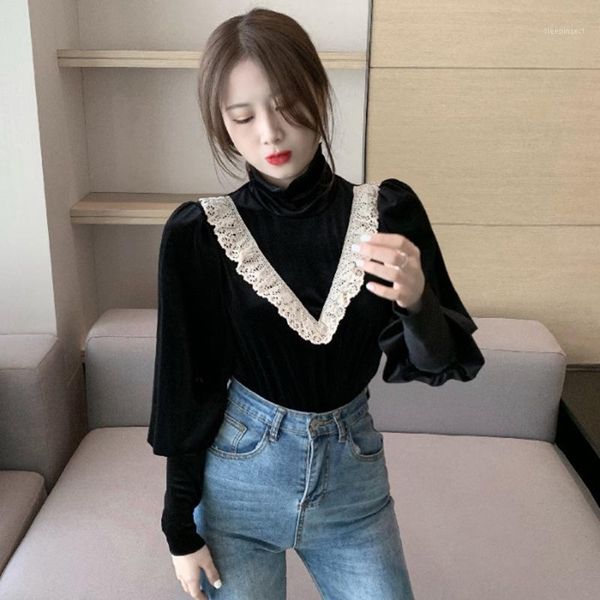 

vintage lace velvet patchwork women t-shirts autumn new black slim elegant female pulls tees1, White