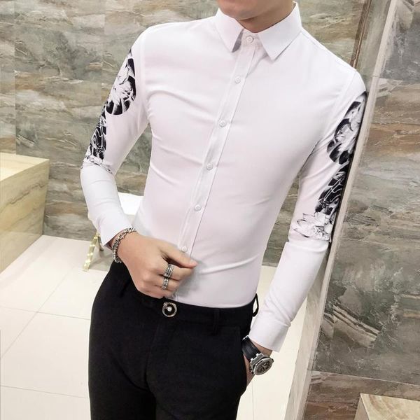 

men shirt 2020 new fashion korean style street youth shirt casual personalized long sleeve rose print slim menshirt, White;black