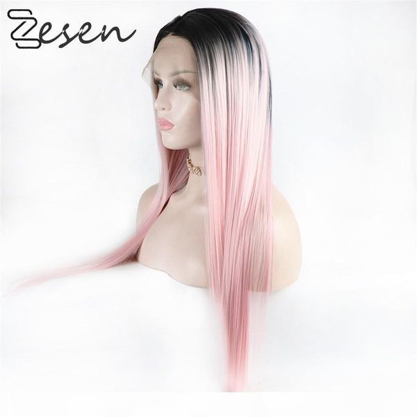 

zesen synthetic lace front wig for women long short 1bt pink straight hair wigs cosplay wigs heat resistant, Black