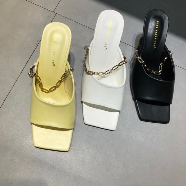 

monmoira gold chains heel slippers women vintage square toe thin heel women sandals brand design shoes women slides flip flops x1020, Black