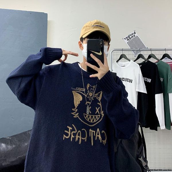 

winter 2020 new pair of loose sweaters men's super size sweater korean cat street printed sweater, White;black