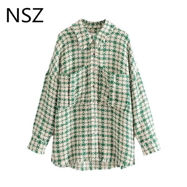 

nsz women oversized houndstooth tweed jacket fall fashion plaid coat loose wool blend outerwear checked streetwear 201028, Black;brown