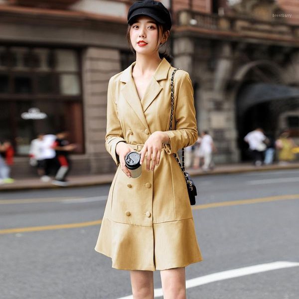 

2020 autumn new double breasted trench coat female business outerwear woman classic with belt long trench coat1, Tan;black