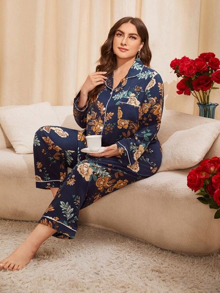 

plus floral print contrast piping pj set f2xd#, Black;white