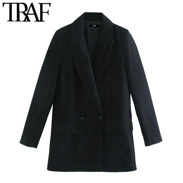 

traf women fashion double breasted loose fitting blazer coat vintage long sleeve pockets female outerwear chic, White;black