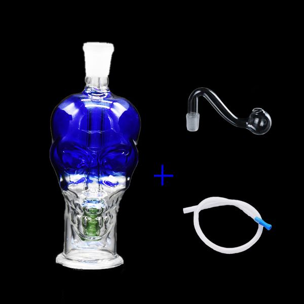 Mini-Totenkopf-blaue Wasserpfeife, Shisha-Rauchpfeife, Glas-Ölbrenner-Bong, runder kleiner Topf, Aschefänger für Percolater-Glas-Wassersprudlerrohre mit 10-mm-Schale aus Silikon-Strohhalm
