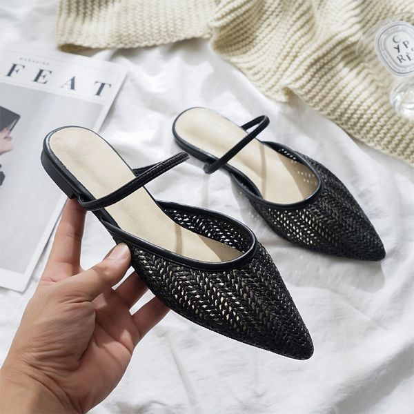 

2021 new foot buffer tissue pointy hollow sandals female wild version half-slippers muller shoes nxsu, Black