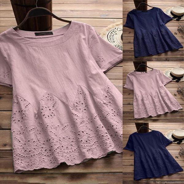 

women vintage solid floral hollow out hem tee elegant ladies o neck short sleeve blusas femininas elegante 0711, White