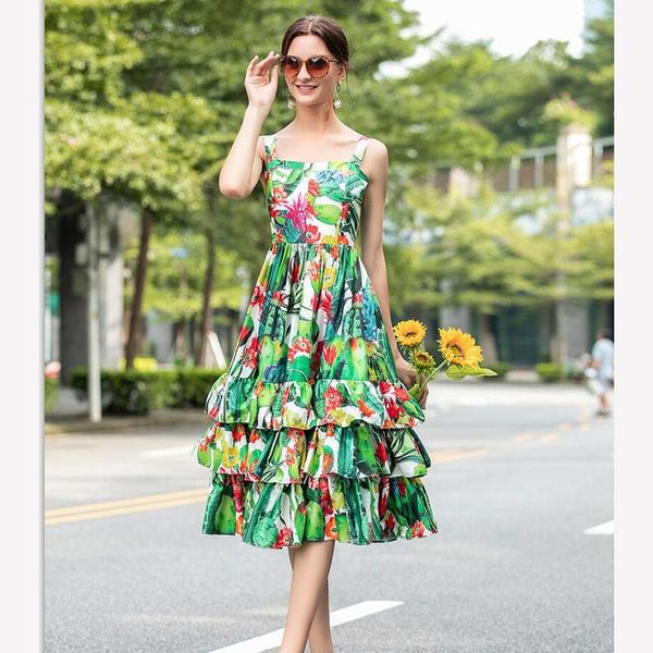 

women dress 2020 runway sleeveless floral print spaghetti strap casual dresses vestidos np1247n, Black;gray