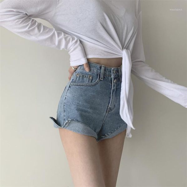 

2020 new arrivals skinny denim shorts for women fashion chic button korean style female pants1, Blue