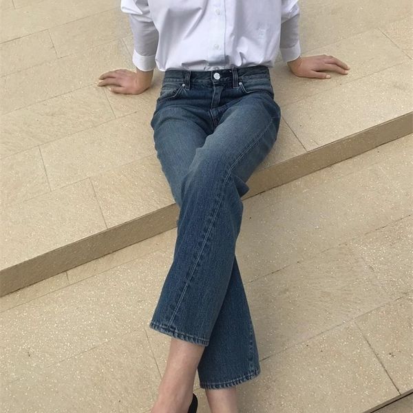 

women jeans casual wild loose straight cotton jeans ankle-length pants 201029, Blue