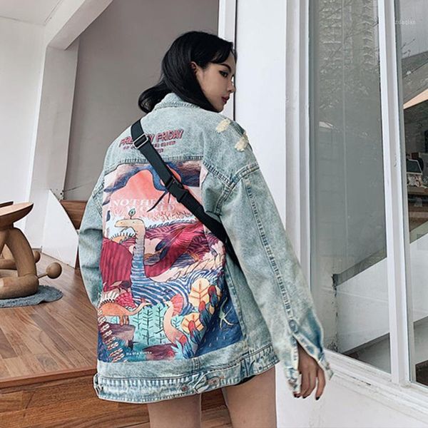

women denim jackets 2020 new autumn cartoon printing patch design jacket streetwear punk style blue jean jacket coat outerwear1, Black;brown