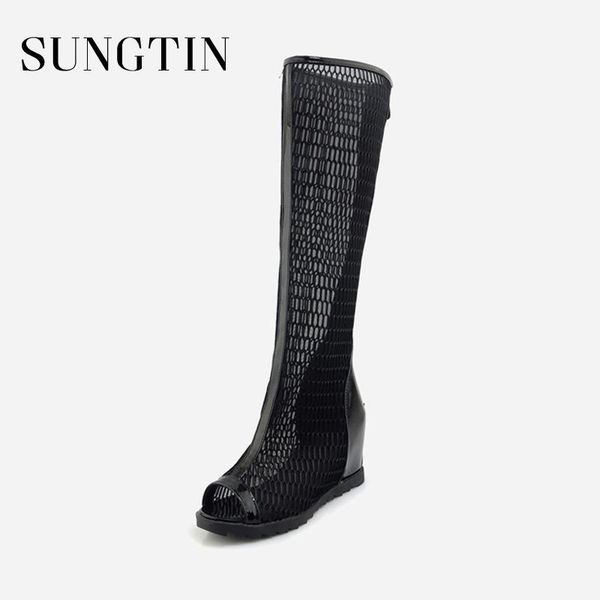 

sungtin mesh riding boots women casual wedges shoes peep toe pumps lady summer high heels knee-high boots large size black1, Black