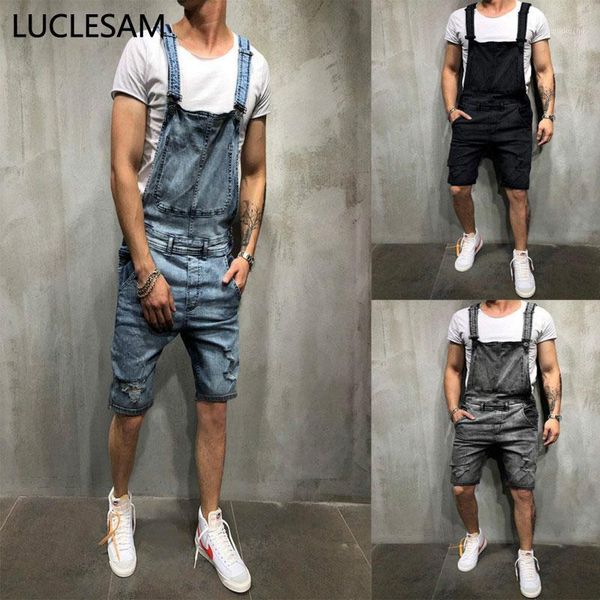 

mens ripped short jumpsuits slim fit straight shorts retro elastic suspender pants joggers pockets overalls denim for men black1, Blue