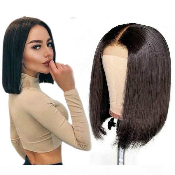

short full lace wigs brazilian human hair fake scalp 13x6 frontal long straight brazilian virgin pre plucked lacefront bob wig for women, Black;brown