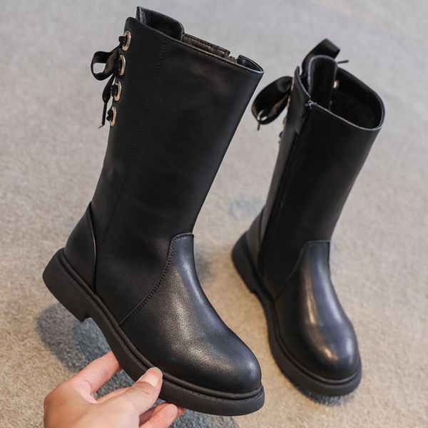 

девочек martin детских 2020 новых осенние и зимние мягкая подошвой кожаных сапог с плюшевым британским высоким стилем, Black;grey