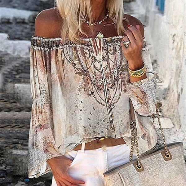 

women blouse shirt shoulder floral print blouse shirts lace-up hollow vintage flare sleeve ladies office blouses, White